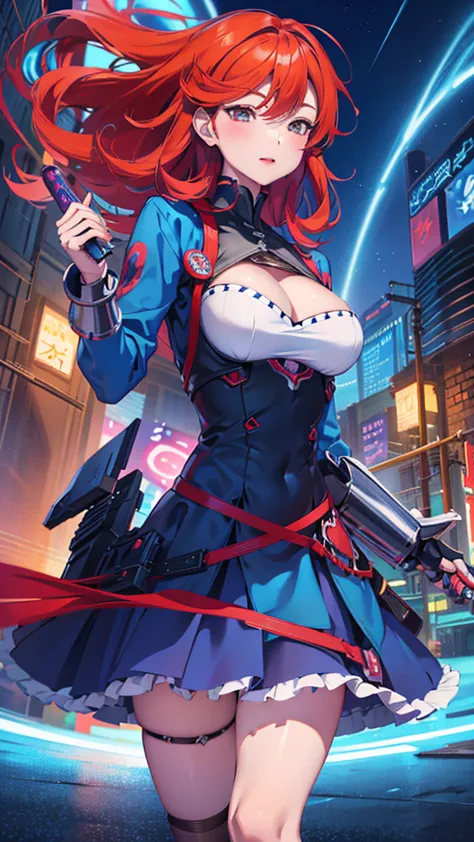 anime girl in a blue dress with red hair and a sword, seductive anime girl, biomechanical oppai, trending on artstation pixiv, m...