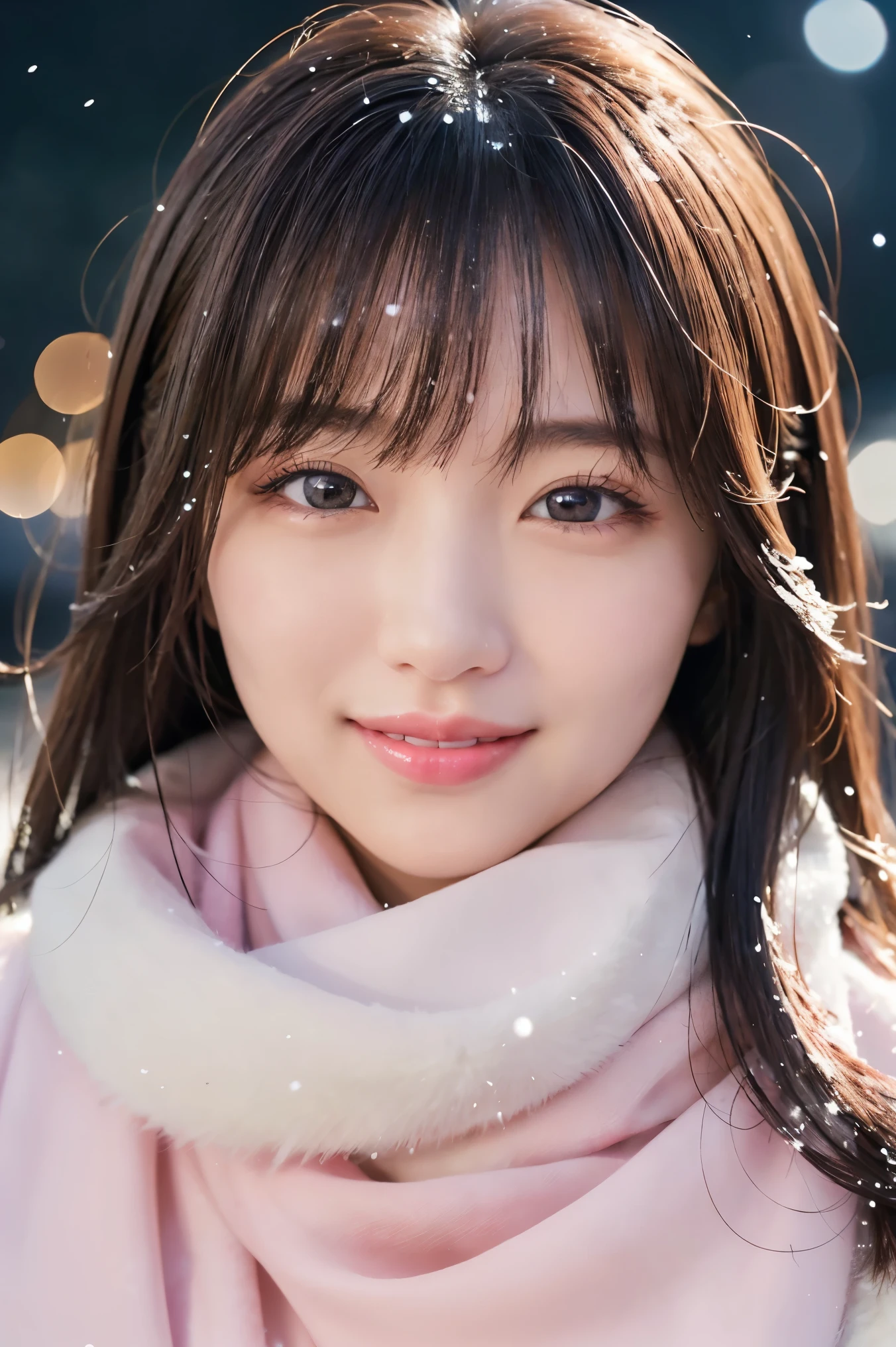 (highest quality、masterpiece、8k、best image quality、hyper realism、Award-winning work)、1 girl、(classy fur coat:1.1)、(perfect pink scarf:1.1)、Soft and delicate light、dramatic lighting、Romantic snowy night city、Romantic Christmas illuminations、Beautiful night view of a snowy city、the best smile looking at me、Fine sparkling snow、Beautiful snow reflecting light、Diamond dust、(Tyndall effect:1.1)、beautiful snow scene、(It&#39;s snowing:1.1)、(Snow in your hair:1.1)、accurate anatomy、(close up of face:1.1)、Beautiful glossy lipstick, natural color、natural makeup、glossy lips、Ultra high definition glossy skin、ultra high definition radiation, beautiful skin、Milky white moisturized skin、Beautiful glowing skin、Ultra-high definition glossy lips、Super high-definition sparkling eyes、Beautiful perfect teeth in super high resolution、Show your beautiful teeth and smile big