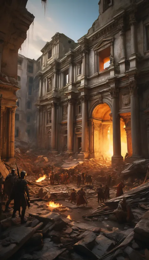 The fall of Rome depicted in the style of Romanticism, dramatic lighting, hyper-realistic details of crumbling architecture, Rom...