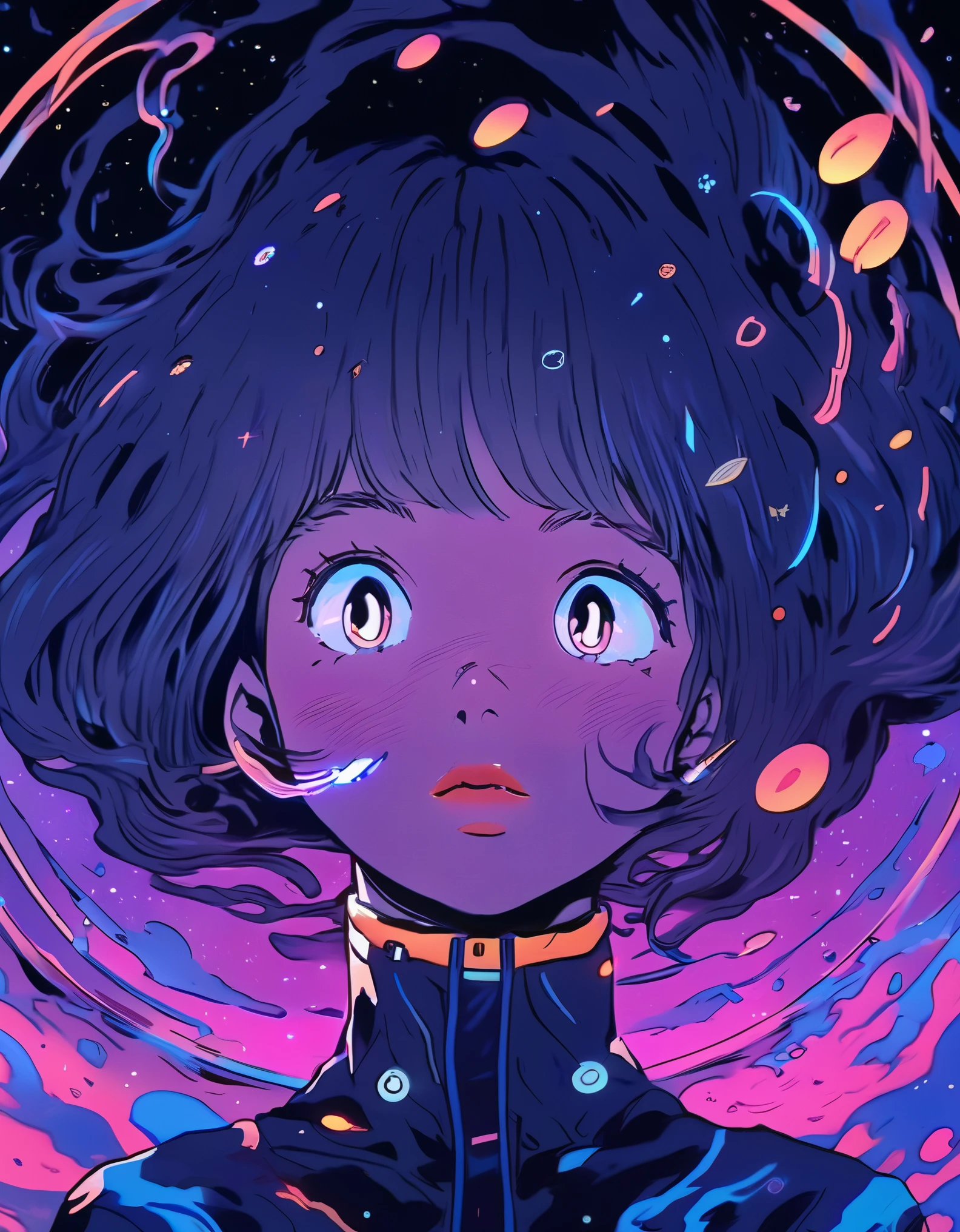 (best quality, sketch:1.2),realistic,illustrator,anime,1 girl, detailed lips,custom, gradient background,neon hair,textured cropping, masterpiece, anime, a woman standing looking at a black hole, fantasy world, trending on art station, space art, dreamy psychedelic anime, beautiful anime scene, anime epic artwork. anime, epic realism, planet landing