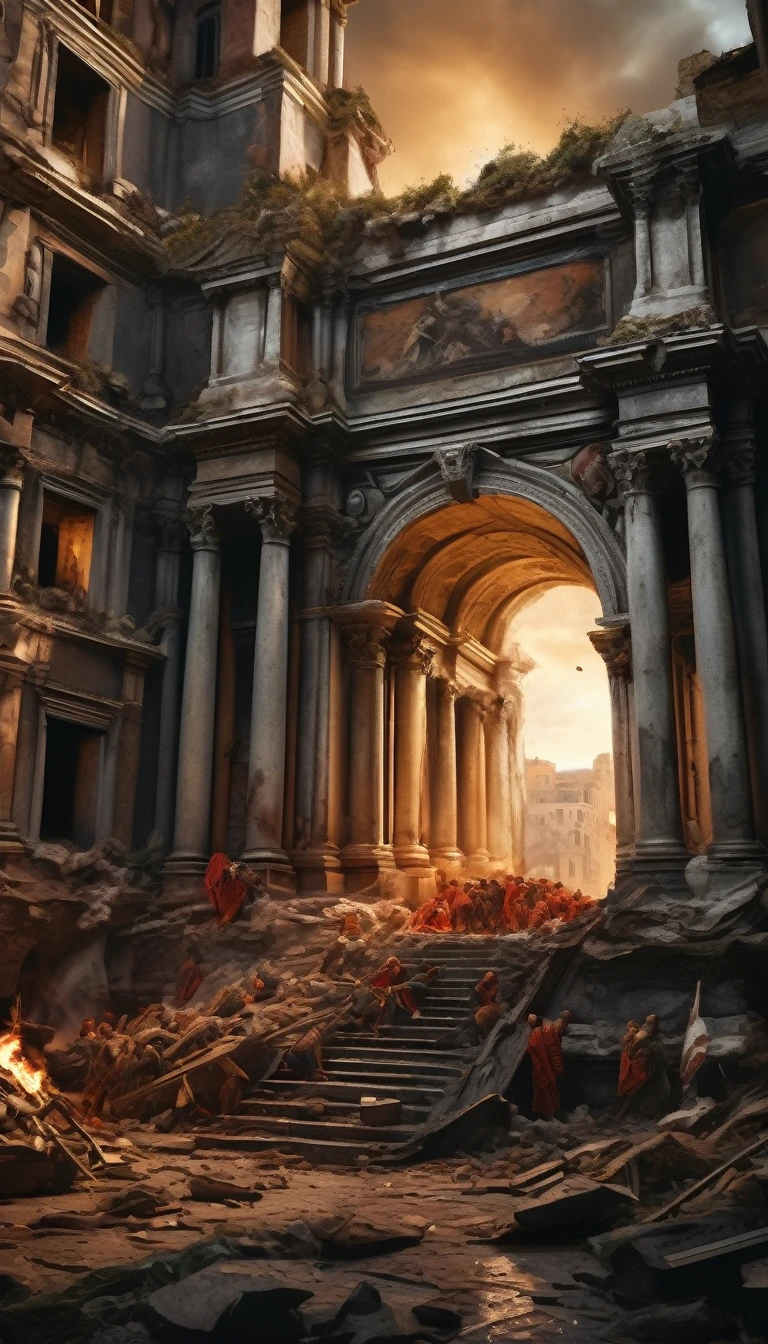 The fall of Rome depicted in the style of Romanticism, dramatic lighting, hyper-realistic details of crumbling architecture, Roman soldiers in distress, soft focus background of chaos and destruction, monumental composition, emotional atmosphere, background dark, hyper realistic, ultra detailed hyper realistic, photorealistic, Studio Lighting, reflections, dynamic pose, Cinematic, Color Grading, Photography, Shot on 50mm lens, Ultra-Wide Angle, Depth of Field, hyper-detailed, beautifully color, 8k