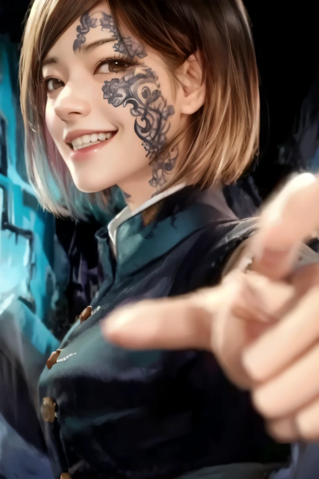 Garota anime com tatuagem de dragão apontando para a câmera, [[[[gTambémning evily]]]], sorriso astuto, imagem de avatar, arte de fã de demon slayer louis, Sorria como um louco, gTambémning lasciviously, Inspirado por Hiro Yamagata, smug gTambém, Kasuma Yayoi&#39;Dicas, Também, inspirado em Awataguchi Takamitsu，mais alta qualidade、4K、obra de arte、olhos altamente detalhados、super detalhado、1 garota、Sozinho、Nobara、jujutsu kaisen、cabelo curto