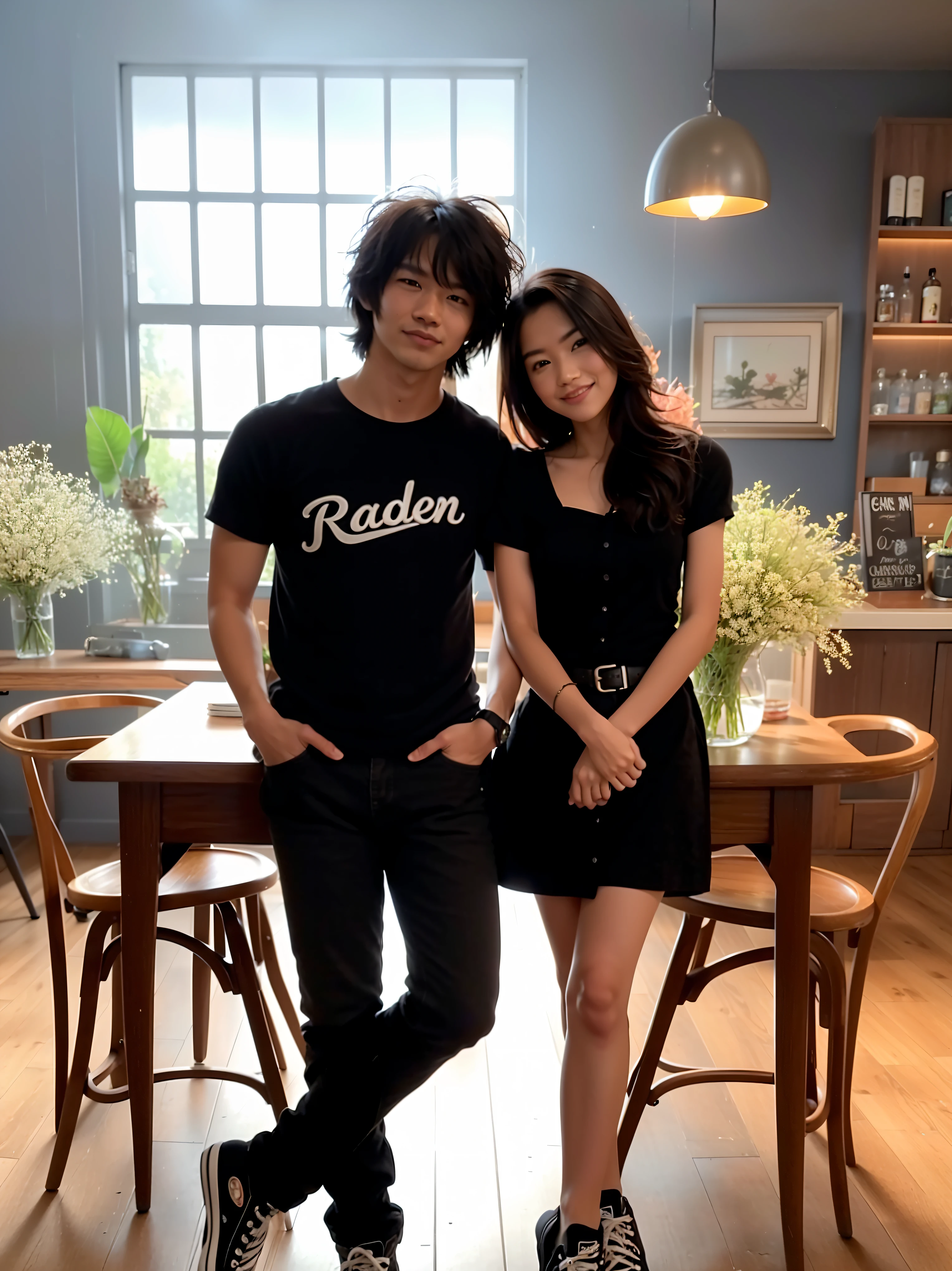 they are posing for a picture in a room with a table and chairs, ryden, taken with canon eos 5 d, taken with a canon eos 5 d, taken with a canon eos 5d, taken with canon eos 5 d mark iv, with black, garden road, photoshoot, couple pose, taken with sony alpha 9, taken with canon 8 0 d