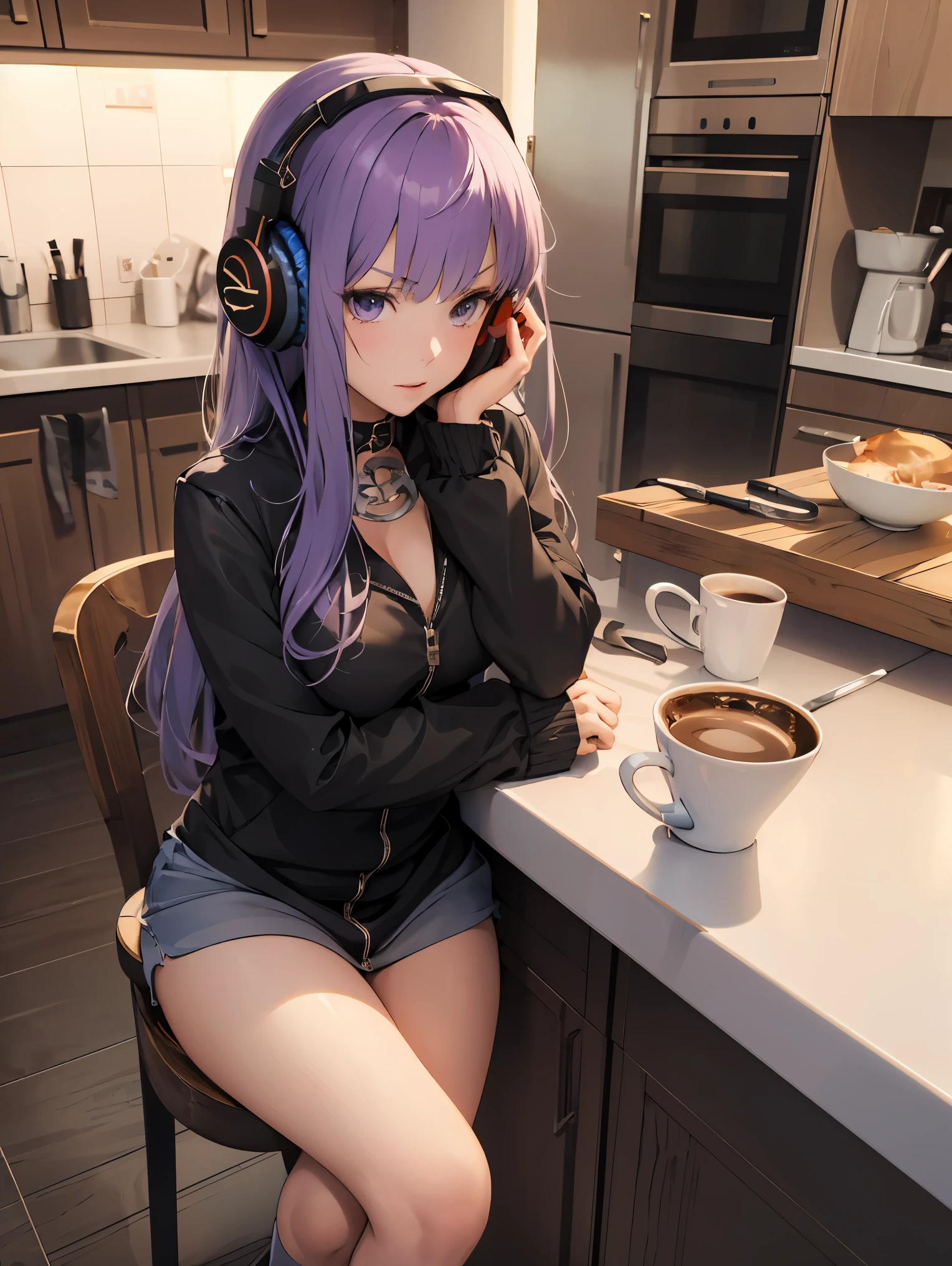 garota de anime com fones de ouvido sentada em uma mesa em uma cozinha, arte cg de anime suave, garota anime sedutora, [ arte digital 4k ]!!, estilo anime 3 d realista, Makoto Shinkai e Artgerm, garota misteriosa da cafeteria, garota de anime atraente, estilo de arte anime moe, pintado em estúdio de pintor de anime, Oppai biomecânico, um hiperrealista 