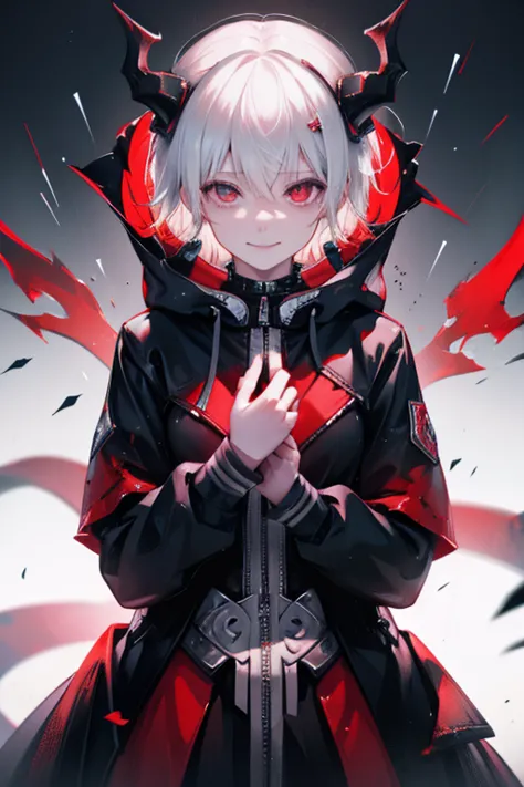 a female character, hoodie, blood rain, vempire smile, silver hair, devil hornes, background place in hell, hell queen dressup, ...