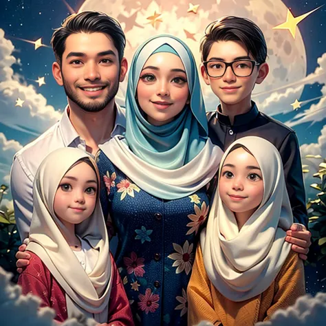 Indonesian family, a father wearing a white shirt, a smiling mother wearing a white headscarf, and a . with a backdrop of bright...