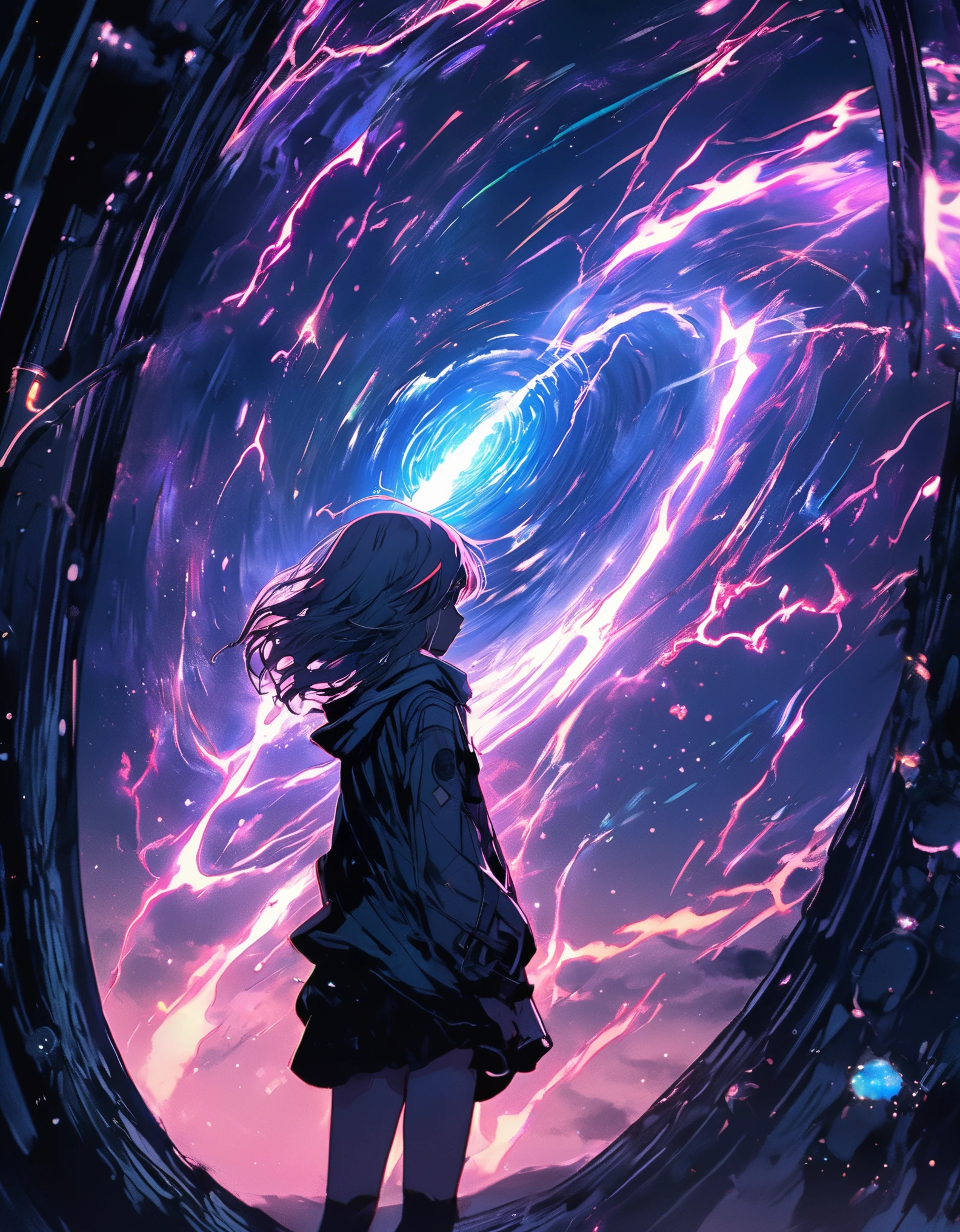 (best quality, sketch:1.2),realistic,illustrator,anime,1 girl, detailed lips,custom, gradient background,neon hair,textured cropping, masterpiece, anime, a woman standing looking at a black hole, fantasy world, trending on art station, space art, dreamy psychedelic anime, beautiful anime scene, anime epic artwork. anime, epic realism, planet landing, lightning gradient contured