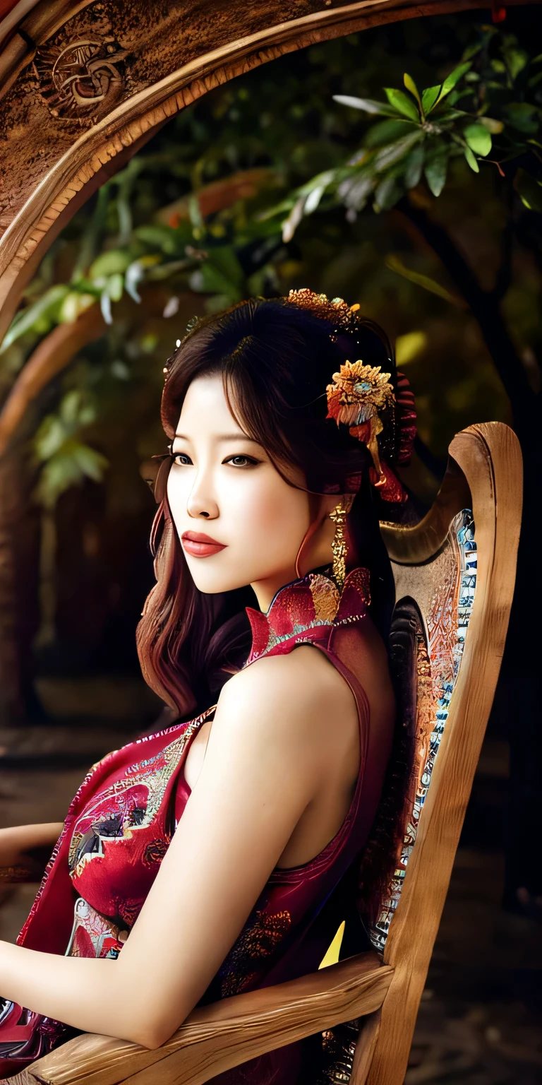 best quality,hires,4k,high-res,ultra-detailed,photorealistic,realistic:1.2,professional,beautiful girl,detailed eyes and face,detailed lips,relaxed expression,long eyelashes,stylishly dressed,Chinese-style wooden chair,relaxed and at ease,scenic background,vivid colors,bokeh,soft lighting