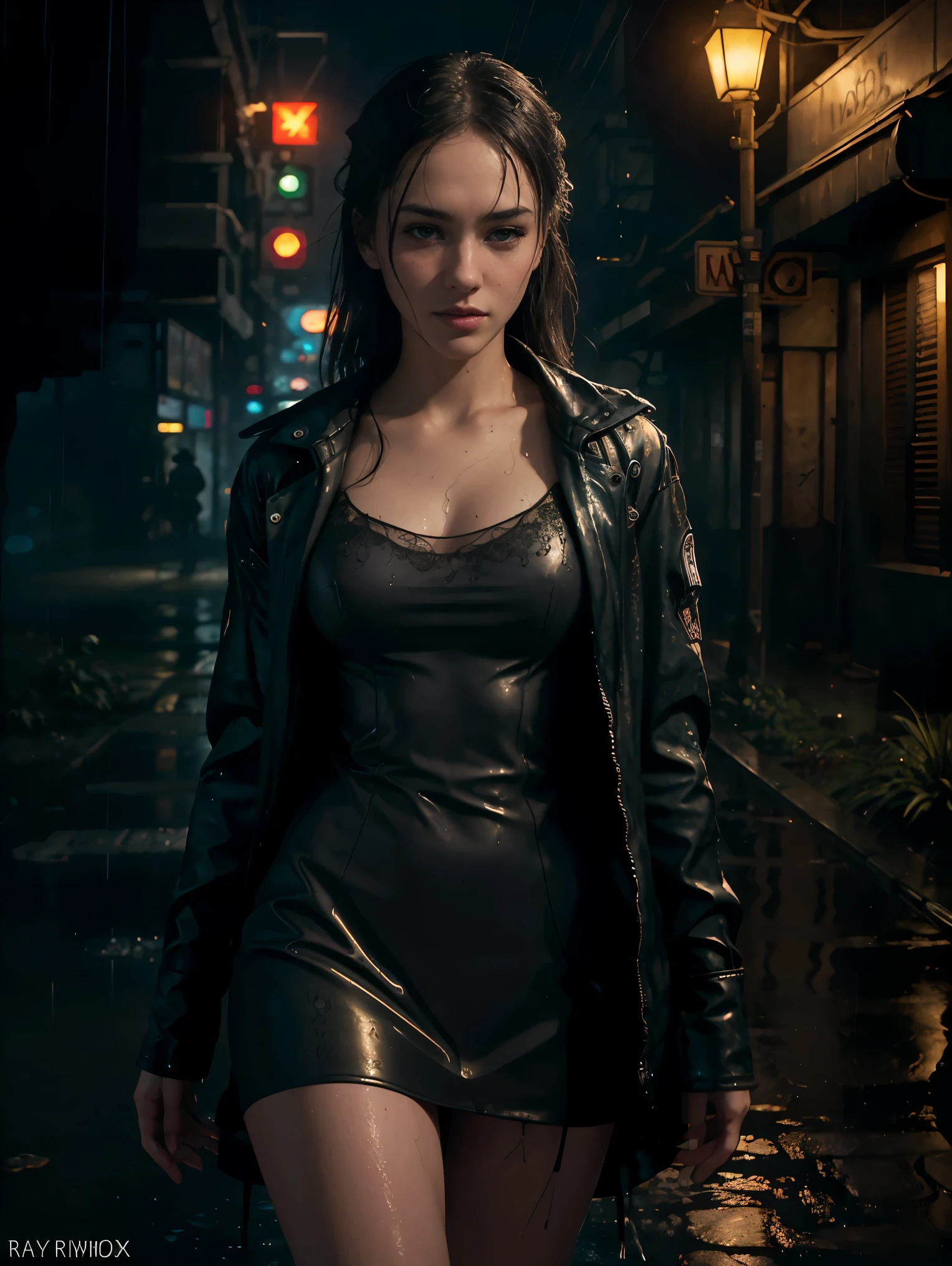 16K, HDR, UHD, best quality, masterpiece, anime style, beautiful young woman in beautiful flower garden, raining, wet, detailed rain droplets, cowboy shot, wearing a beautiful dress, ultra beautiful detailed  eyes, hyper detailed face, complex,  perfect, model,  textured,  chiaroscuro, professional make-up, realistic, rough, dominating, figure in frame, by WLOP, cinematic lighting, award winning, RTX, ray tracing, hyper realistic, ethereal, post-apocalyptic, dystopian, cyberpunk, night, neon lights, despair, sad