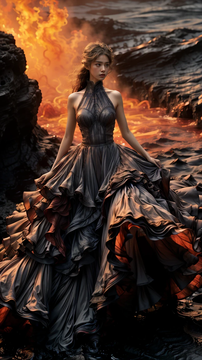 (8k, オリジナル写真, 最高品質,傑作:1.2),(実際の, 現実的:1.37), 1 女の子,長い脚, 全身女性の愛,(とても:1.3),海,Rose-shaped dress made of とても，火山の噴火 岩石の流れ，赤外線写真, 1.4倍のリアリズム，超高解像度，テクスチャはシトミクス的に正しい，正確で完璧な韓国人女性の顔の形，黄金比)