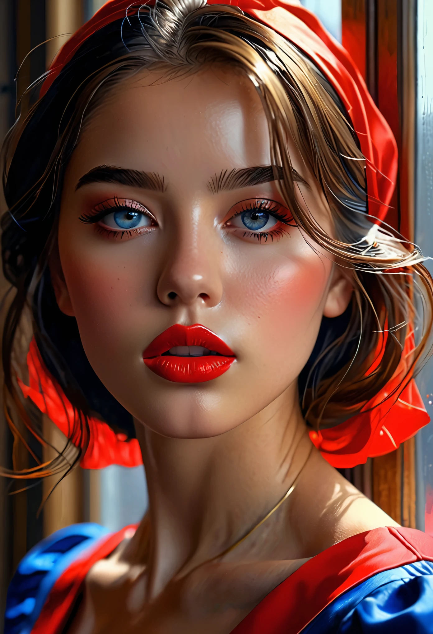 (highest quality, 4k, 8K, High resolution, masterpiece: 1.2), (Super detailed, realistic, realistic:1.37)Seductive young girl, Wearing a striking red and blue ensemble, Stand in front of the window with toughness and determination. Her mesmerizing eyes are exquisitely crafted, Capture every sparkle and depth, her lips、It boasts a detailed beauty that is captivating and enchanting.。. The level of detail is across the entire face, Each contour and feature is perfectly and meticulously rendered., Create a sense of hyperrealism that draws viewers in. 

girls&#39; clothes, Reminiscent of oil painting art, It is a work of art in itself. material, Skillfully expressed with vivid brush strokes, Adds a touch of dynamism to her overall look. It truly reflects the artist&#39;s talent, show off your skill