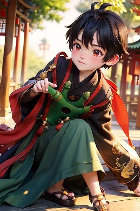 best quality, masterpiece,1 boy, whole body, chibi,  a chinese assassin dressed in black, ((bamboo forest)),