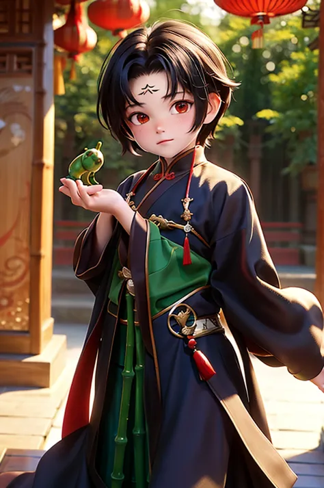 best quality, masterpiece,1 boy, whole body, chibi,  a chinese assassin dressed in black, ((bamboo forest)),