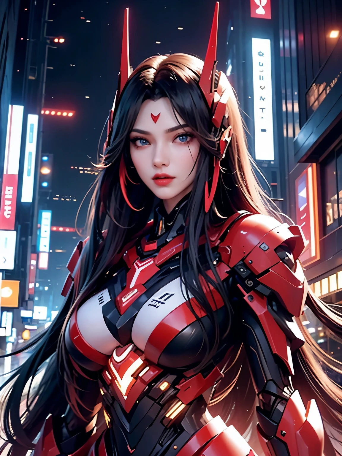 26 year old woman, beautiful face, fair skin, very long flowing black hair, blue eyes, red lips,button nose,perfect body, curvaceous body, huge breasts, slim waist, wide hips,mecha armor,modern city,night,city lights,wonderful,impressive scenery,exciting,ultra-modern,technology-driven,sleek design,dynamic,futuristic,fast-paced,majestic skyscrapers,glowing neon lights,vibrant colors,shimmering reflections,illuminated streets,glamorous,female elegance,chic attire,captivating smile,perfectly styled hair,determined gaze,high-quality,masterpiece:1.2,ultra-detailed,realistic:1.37, HDR,UHD,studio lighting,professional,vivid colors" on balcony of a tall hotel