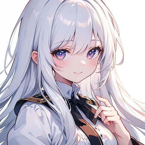 masterpiece, best quality, ultra-detailed, illustration, cute, Girl, Solo, face focus, White hair, long hair, blouse, smile, Whi...