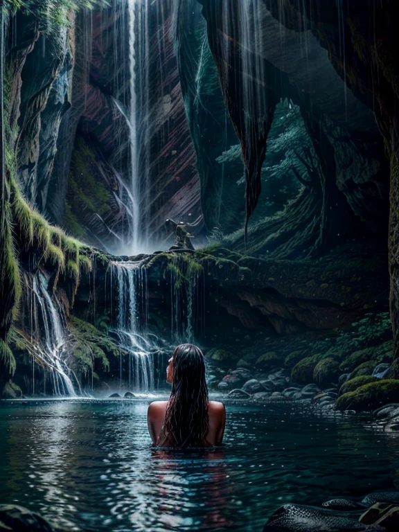 A breathtaking waterfall cascades down a rocky cliff, hidden deep in the enchanting forest, as the moonlight casts an ethereal glow upon the surroundings. In this mystical realm, a Russian beauty, adorned in a flowing gown, stands gracefully by the water's edge, her silhouette reflecting in the shimmering pool. With an aura of elegance and vulnerability, she embraces the serene atmosphere, basking in the solitude of her nude bathing ritual. The vast background unveils a mesmerizing landscape, transporting us to a truly magical world where nature's wonders and human beauty intertwine in perfect harmony.