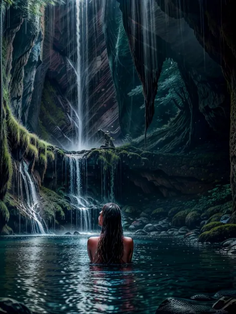 A breathtaking waterfall cascades down a rocky cliff, hidden deep in the enchanting forest, as the moonlight casts an ethereal g...
