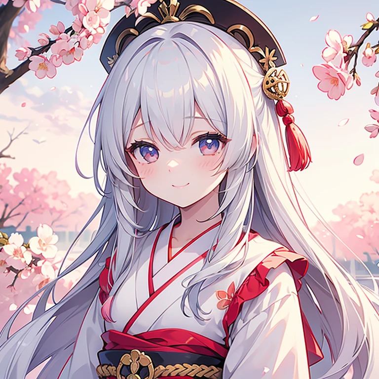 masterpiece, best quality, ultra-detailed, illustration, cute, Girl, Solo, face focus, White hair, long hair, blouse, smile, wearing japanese kimono, cherry blossoms