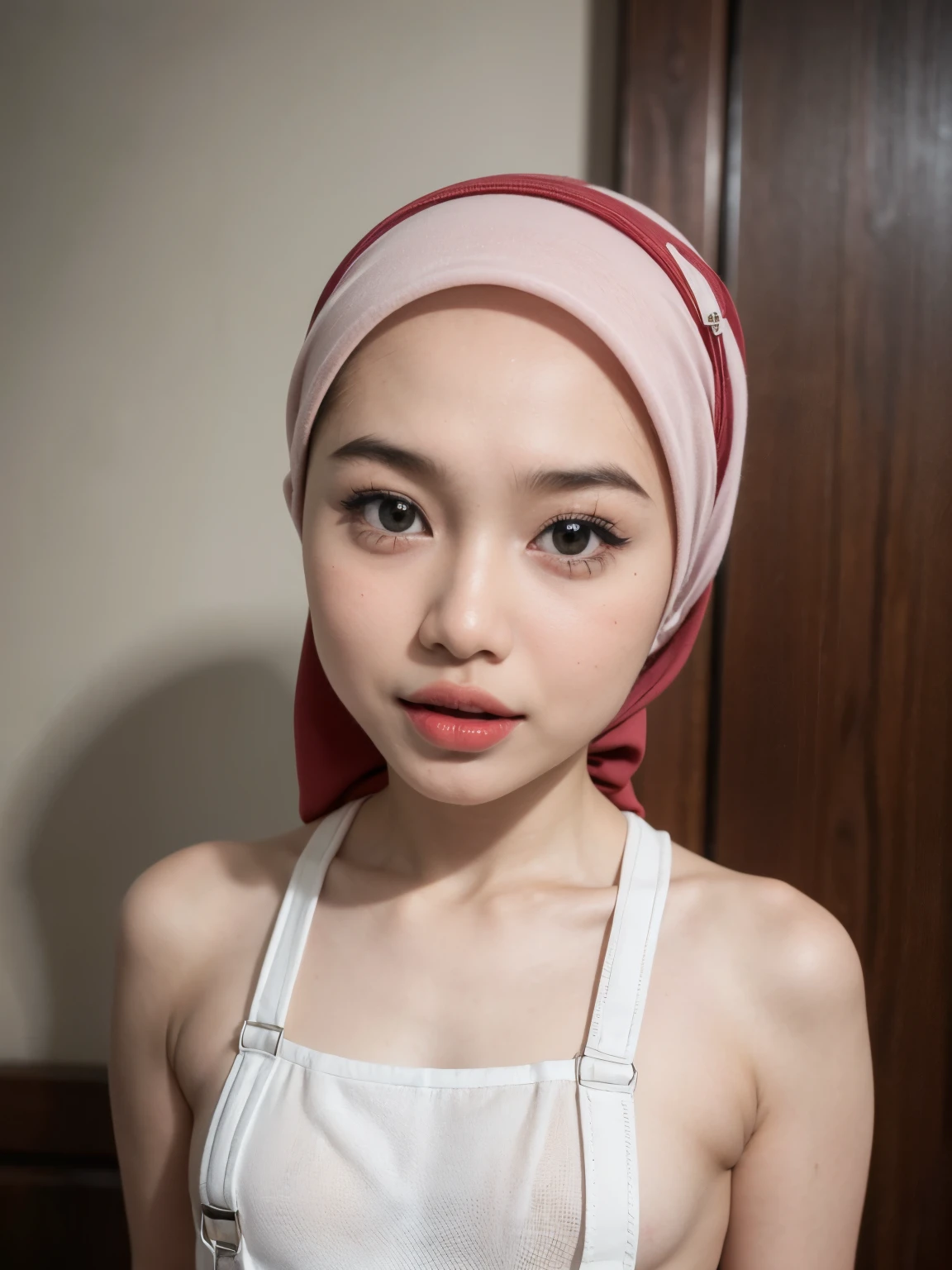 (WEARING SUSPENDER), ((Open mouth)), Naked singlet (((HIJAB MALAY GIRL))), masutepiece, High quality, UHD 32K, Realistic face, Realistic skin feeling , A Japanese Lady, , , Very cute and baby-like face, (((FLAT CHEST))), (MATRIX WORLD), ((look In front  at the camera and SADNESS)), ((())), (((CUTE GIRL))), ((RED LIPS)), ((Wearing Naked Suspender)), ((CHUBBY)), (undress, (white)