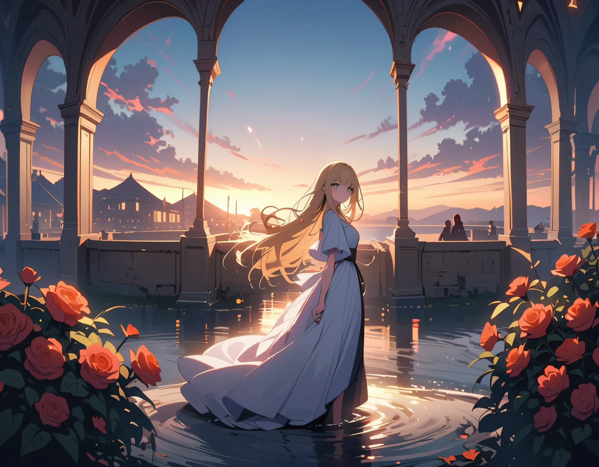 ((best quality,ultra_detailed,masterpiece,hires,8k)),a woman,bule dress,long dress,golden hair,long hair,purple eyes,Long eyelashes,sad,standing,outdoor,lake,castle,(red roses),sky blue,sunlight,shine,full body