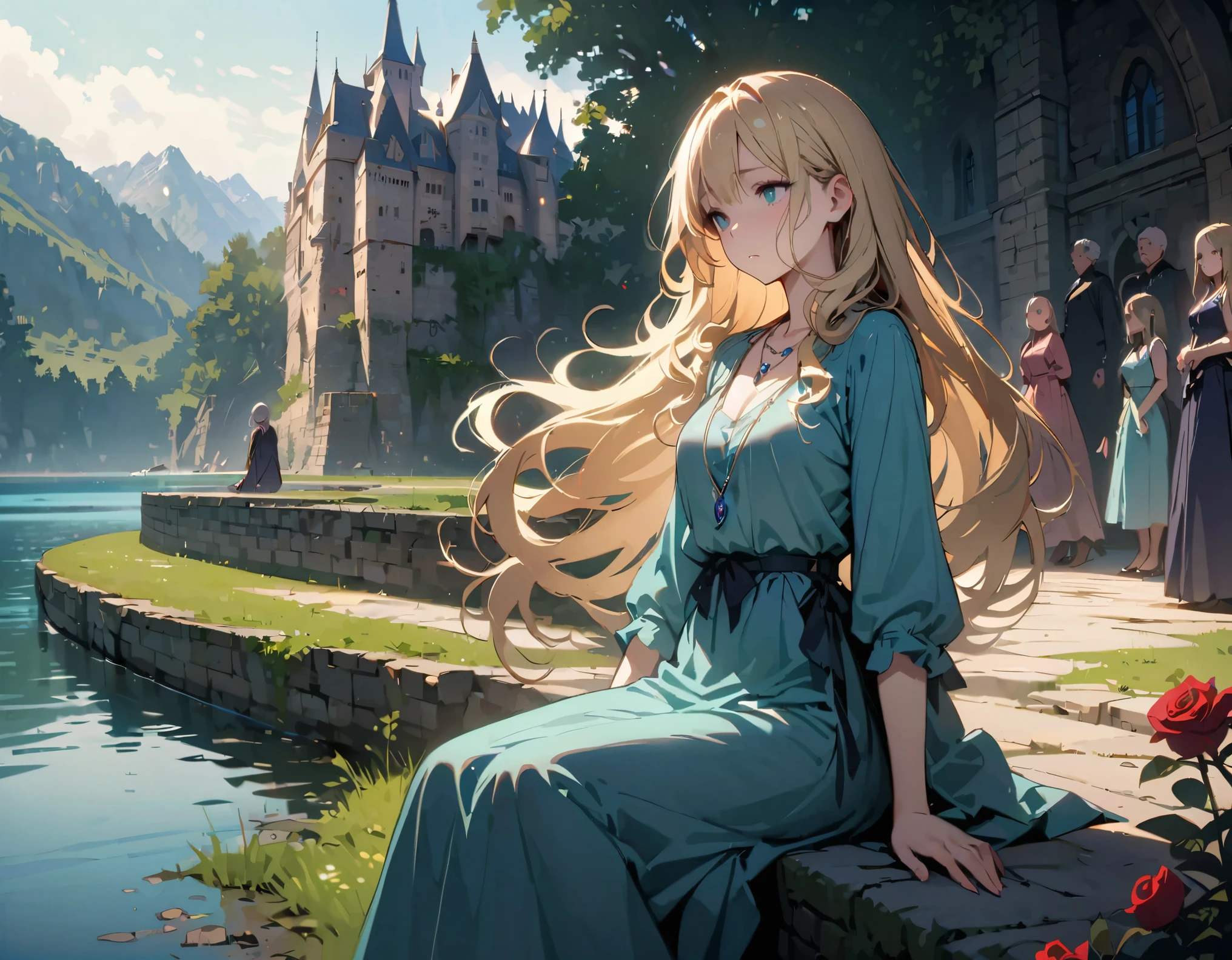 ((top quality，high quality，masterpiece，Masterpiece，8k))，a woman，Turquoise skirt，long skirt，curls，long hair，blonde，Wearing a blue gemstone necklace，The expression is sad，sitting，look at the audience，outdoor，lake，castle，Red rose，daytime，early morning，Sunlight，blue sky，whole body