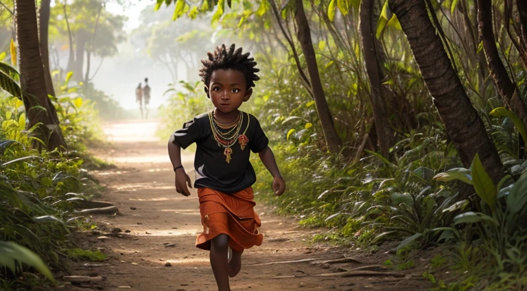 A boy in Indian clothes, cor de Pele preta, menino negro, indigenous boy, se escondendo no meio da floresta, ele esta correndo na mata, roupa africano, menino africano