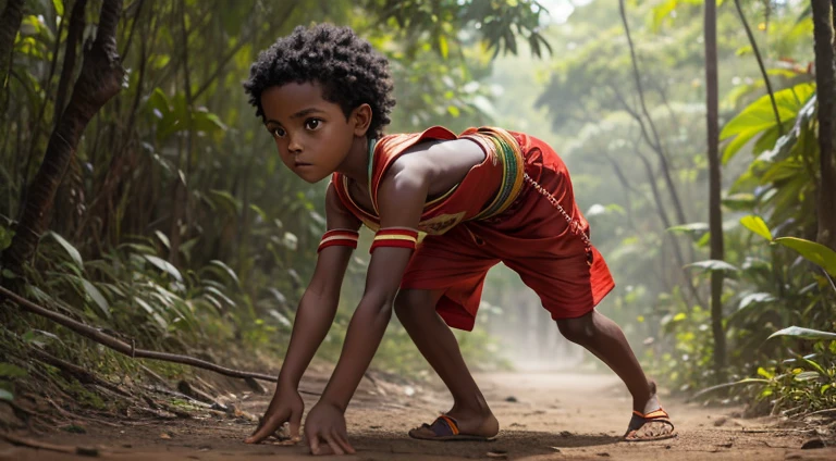 A boy in Indian clothes, cor de Pele preta, menino negro, indigenous boy, se escondendo no meio da floresta, ele esta correndo na mata, roupa africano, menino africano