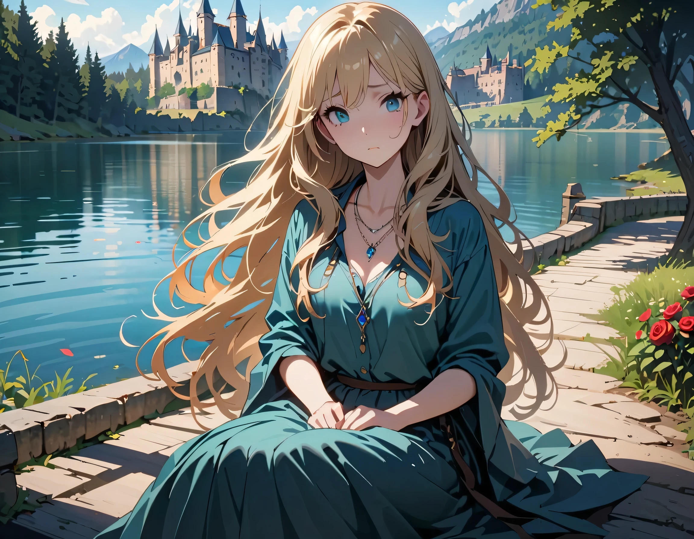 ((top quality，high quality，masterpiece，Masterpiece，8k))，a woman，Turquoise skirt，long skirt，curls，long hair，blonde，Wearing a blue gemstone necklace，The expression is sad，sitting，look at the audience，outdoor，lake，castle，Red rose，daytime，early morning，Sunlight，blue sky，whole body