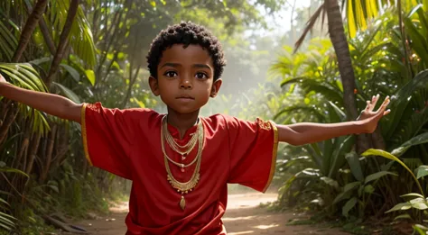 A boy in Indian clothes, roupas cor vermelha, cor de Pele preta, menino negro, indigenous boy, se escondendo no meio da floresta...