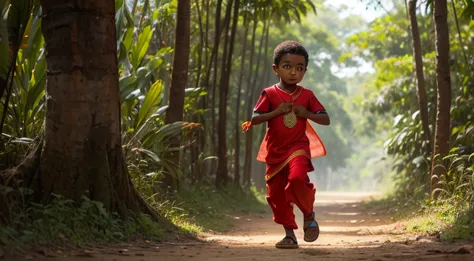 a boy in indian clothes, roupas cor vermelha, cor de pele preta, menino negro, indigenous boy, se escondendo no meio da floresta...