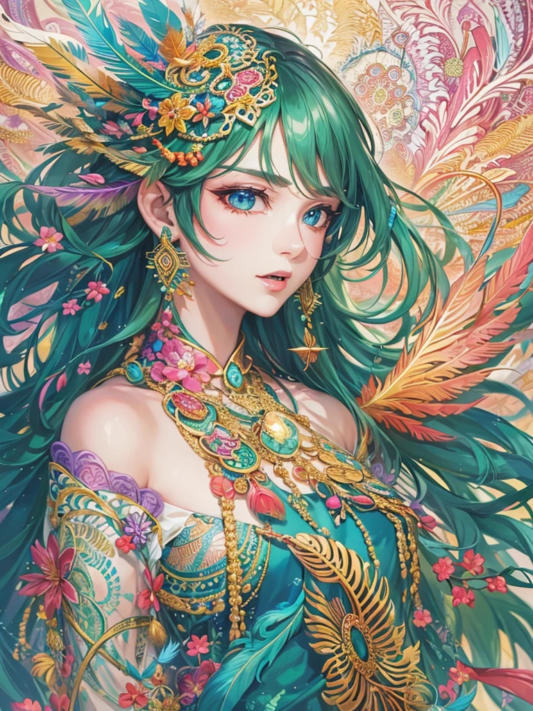 (masterpiece, Top quality, best quality, official art, Beautiful and beautiful: 1.2), (1 girl: 1.3), blue and gold, Very detailed, (Fractal Art: 1.1), (rich and colorful: 1.1) (flower: 1.3), Extreme details, (zentangle: 1.4), Long dress sleeves, (abstract background: 1.3), (shiny skin), (Many colors: 1.4), (earrings), (feather: 1.5), (wind:1.3), emerald, long hair, wrapped in light, Super detailed background, Phoenix dress, Phoenix, blue flower, vivid eyes