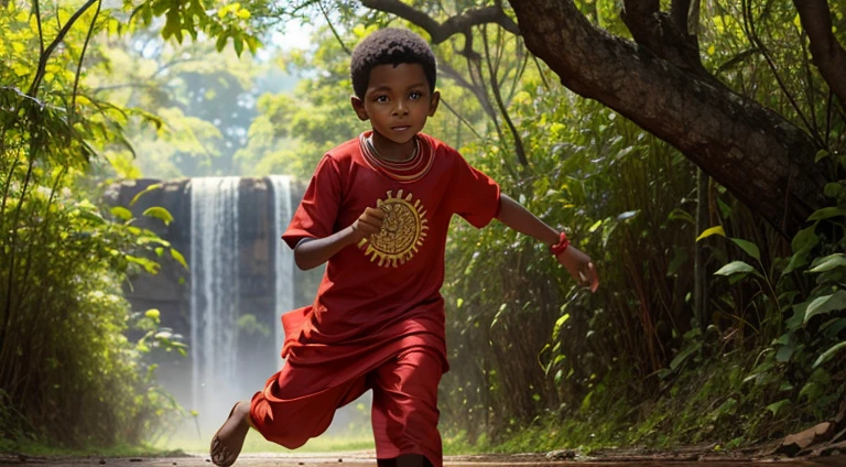 A boy in Indian clothes, roupas cor vermelha, cor de Pele preta, menino negro, indigenous boy, pulando arbustos  no meio da floresta, ele esta correndo na mata, roupa africano vermelha, menino africano