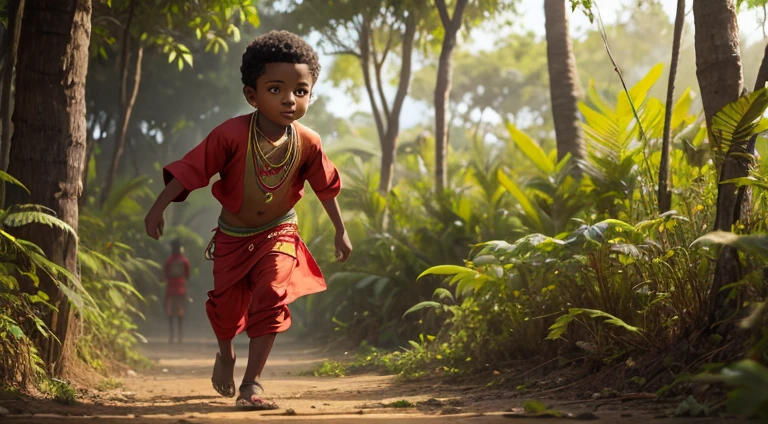 A boy in Indian clothes, roupas cor vermelha, cor de Pele preta, menino negro, indigenous boy, pulando arbustos  no meio da floresta, ele esta correndo na mata, roupa africano vermelha, menino africano