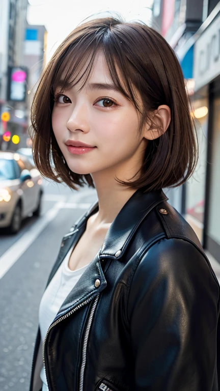 (((Shoulder length straight brown hair mini bob)))、(((目が細くlight eye makeup)))、(((standing alone on the rider&#39;Black leather jacket with the backdrop of a nighttime Kabukicho alley.)))、(((Please come wearing clothes that cover your arms..)))、Half Japanese and Korean、18 year old girl、independent、facing forward、light eye makeup、brown hair color、flat 、hair blowing in the wind、quality of actress、shiny, super realistic face、smileの表情、Moist eyes、look up、Calming lighting effects、 ultra-realistic capture、very detailed、High resolution 16K close-up of human skin。Skin texture must be natural、Must be so detailed that pores are visible、skin is healthy、Must be even tone、Use natural light and color、High quality photos taken by a modeling agency&#39;Exclusive photographer、smile
