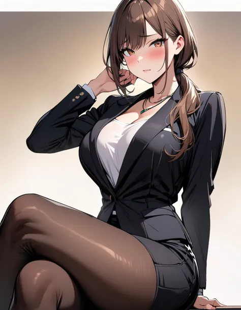 masterpiece, highest quality, 1girl, standing, solo, big breasts, slender waist, thick thighs ,skirt suit, pencil skirt, suit, f...