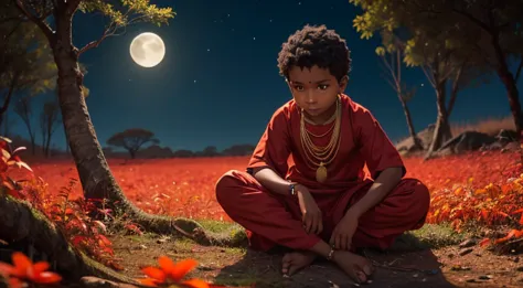 A boy in Indian clothes, roupas cor vermelha, cor de Pele preta, menino negro, indigenous boy, pulando arbustos  no meio da flor...