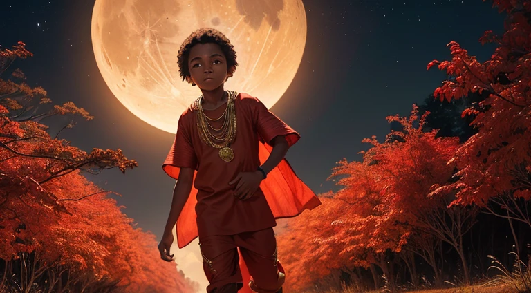 A boy in Indian clothes, roupas cor vermelha, cor de Pele preta, menino negro, indigenous boy, pulando arbustos  no meio da floresta, a noite, ele esta correndo na mata, roupa africano vermelha, menino africano, esta de noite, moon in the sky 