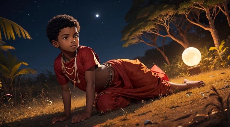 A boy in Indian clothes, roupas cor vermelha, cor de Pele preta, menino negro, indigenous boy, pulando arbustos  no meio da floresta, a noite, ele esta correndo na mata, roupa africano vermelha, menino africano, esta de noite, moon in the sky 