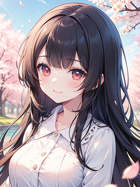 masterpiece, best quality, ultra-detailed, illustration, cute, Girl, Solo, face focus, blown hair, long hair, blunt bangs, blouse, smile,  cherry blossoms