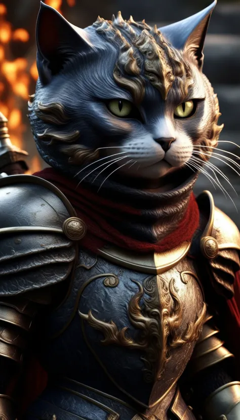 (HD: 1.2),(realistic: 1.37),(Cat Knight), anthropomorphic, hairy，dark horse, battlefield, medieval, war, battle, victory, danger...