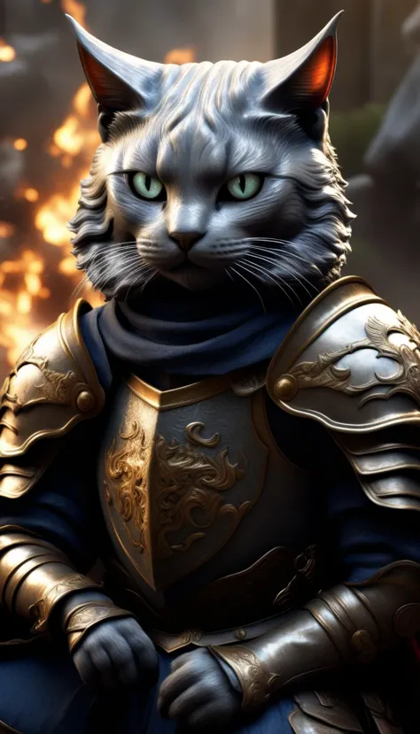 (hd: 1.2),(realistic: 1.37),(cat knight), anthropomorphic, hairy，dark horse, battlefield, medieval, war, battle, victory, danger...