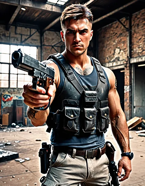 best quality, super detail, masterpiece, photography, scene: spacious abandoned warehouse, theme: mercenary, character: male gun...