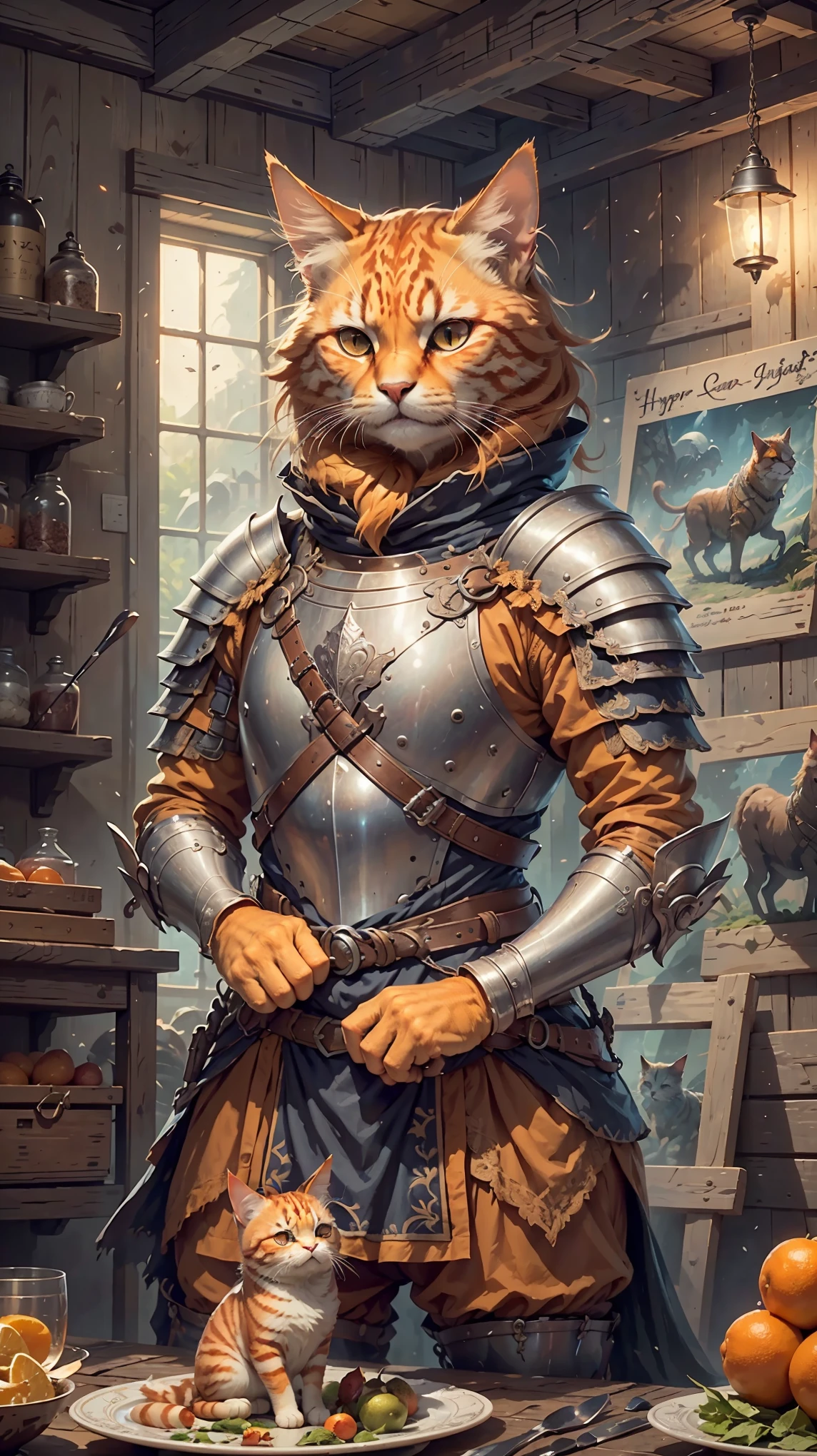 masterpiece, concept art, anthropomorphism, dynamic pose, orange cat wearing knight armor, full plate armor, cute, c4ttitude, medieval barrack interior, hyper realistic, intricate detail, epic composition, epic proportion, HD