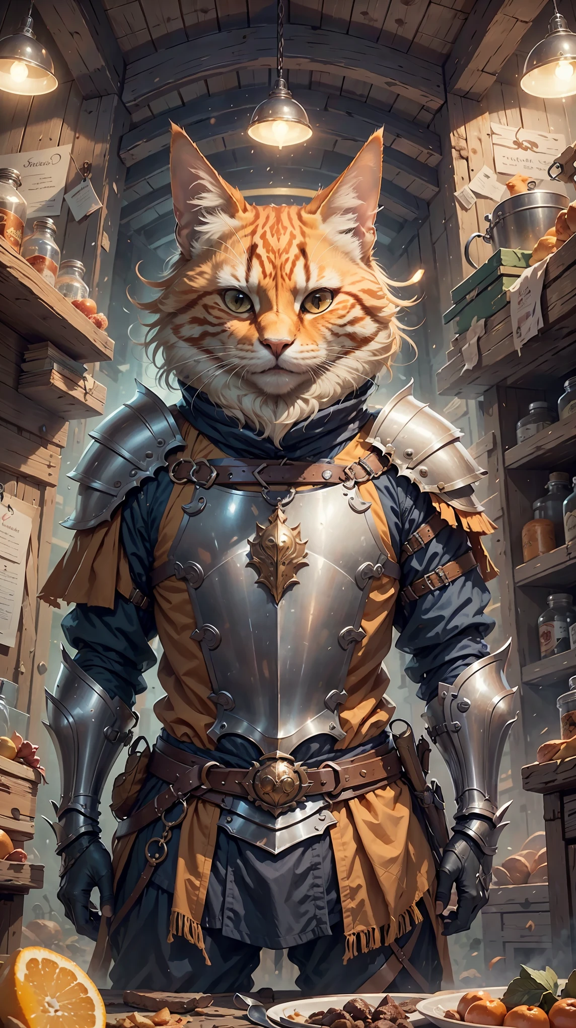 masterpiece, concept art, anthropomorphism, dynamic pose, orange cat wearing knight armor, full plate armor, cute, c4ttitude, medieval barrack interior, hyper realistic, intricate detail, epic composition, epic proportion, HD