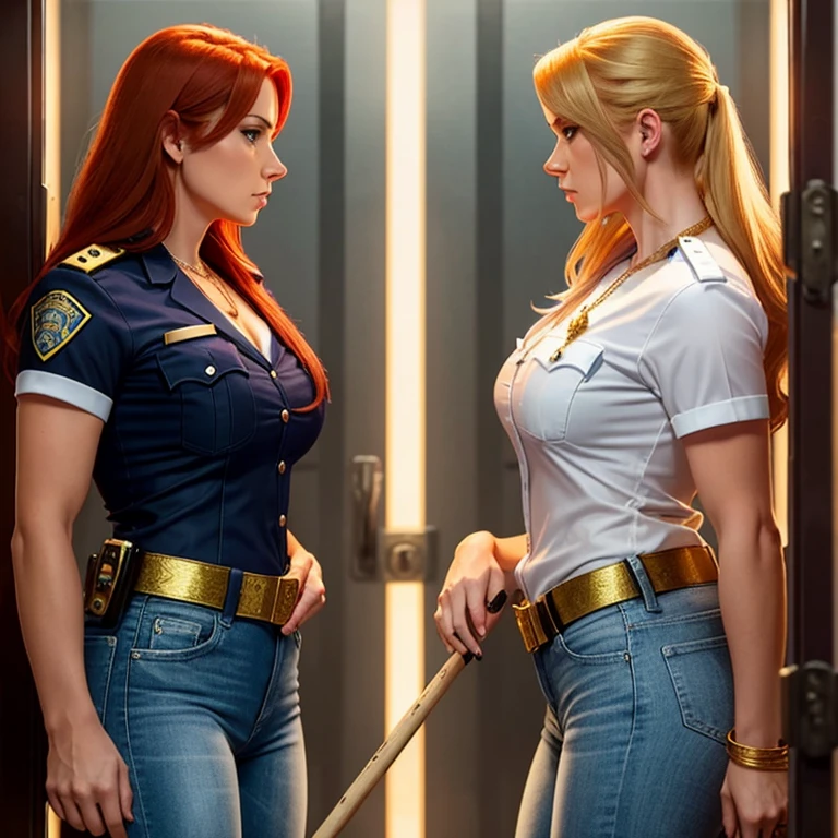 2 lady cops, 1 blonde, 1 redhead, hot, cop uniform, white shirt, blue jeans,thin gold necklace, looking angry, side view, holding stick, dimly lit jail cell, full body shot 