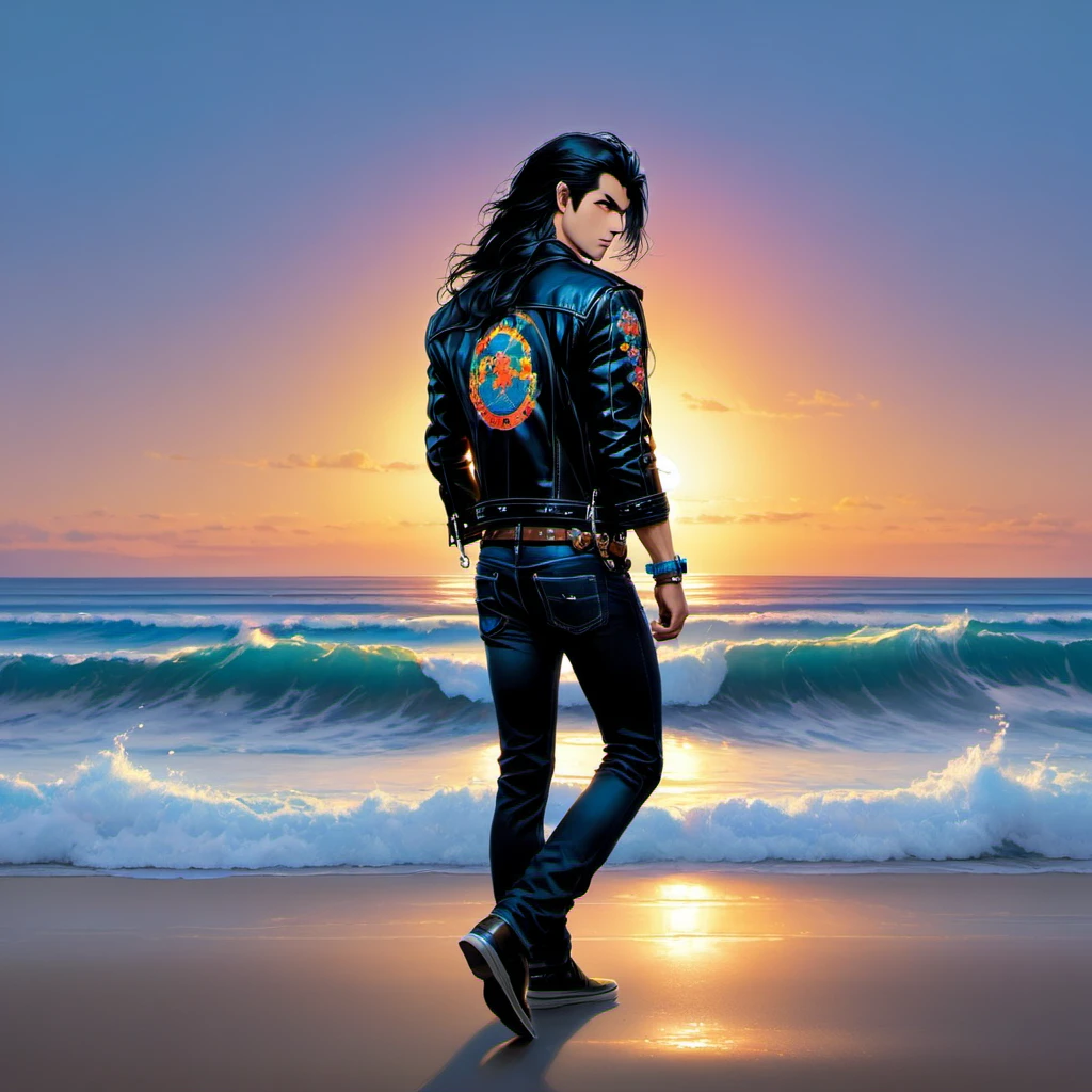 A tall, handsome young men, he has soft, beautiful facial features, dark-haired, he has very long black hair gathered in a tight ponytail, bright blue eyes, he is wearing a black T-shirt with a neon print, a black short leather jacket, black jeans, he has a wide leather belt decorated with iron elements, chains. He walks along the ocean beach at sunset. Masterpiece, perfect drawing, realistic drawing, full-length drawing, detailed study, 8k. full-length image, realistic image, dynamic image, detailed image. an extremely detailed illustration, a real masterpiece of the highest quality, with careful drawing. anime style