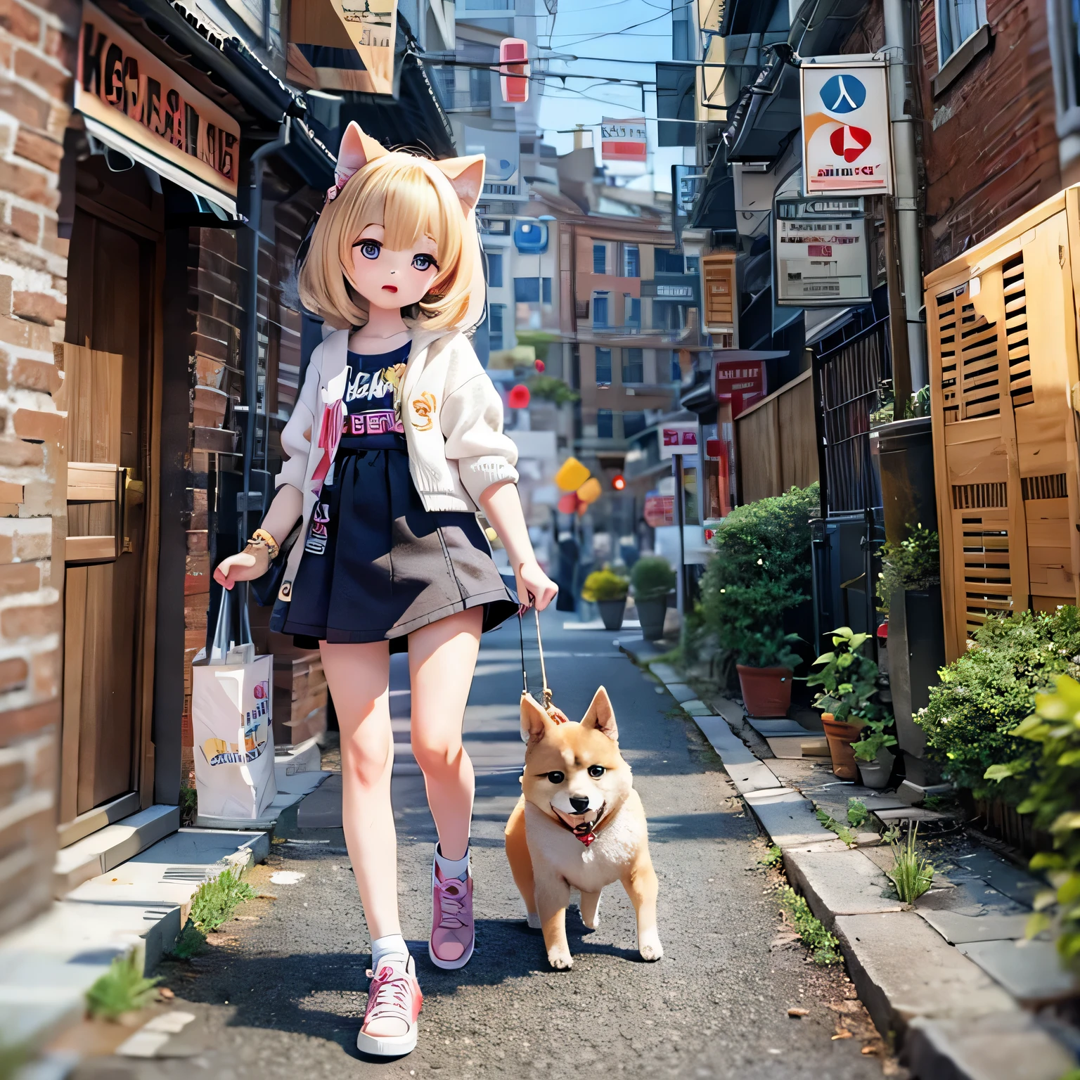 柴犬の女の子ちび女の子とリードで散歩