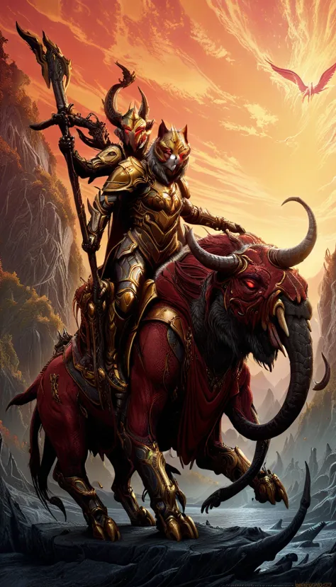 wearing heavy gilded armor《cat knight riding next to a mammoth》，for the audience，mythical creatures，scarlet twilight，concept art...