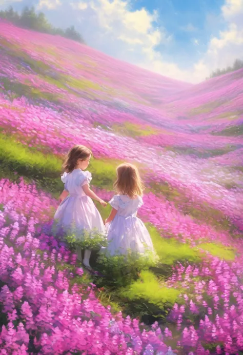 A landscape photo of a vast moss phlox, Twin girls standing in a flower field and looking up at the blue sky, Beautiful and frag...