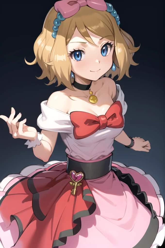 masterpiece, best quality, 1girl,serena \(pokemon\), short hair, blonde hair, blue eyes, eyelashes, black choker, hair bow, dress, collarbone, large breasts, upper body, smile, looking at viewer, solo, simple background 